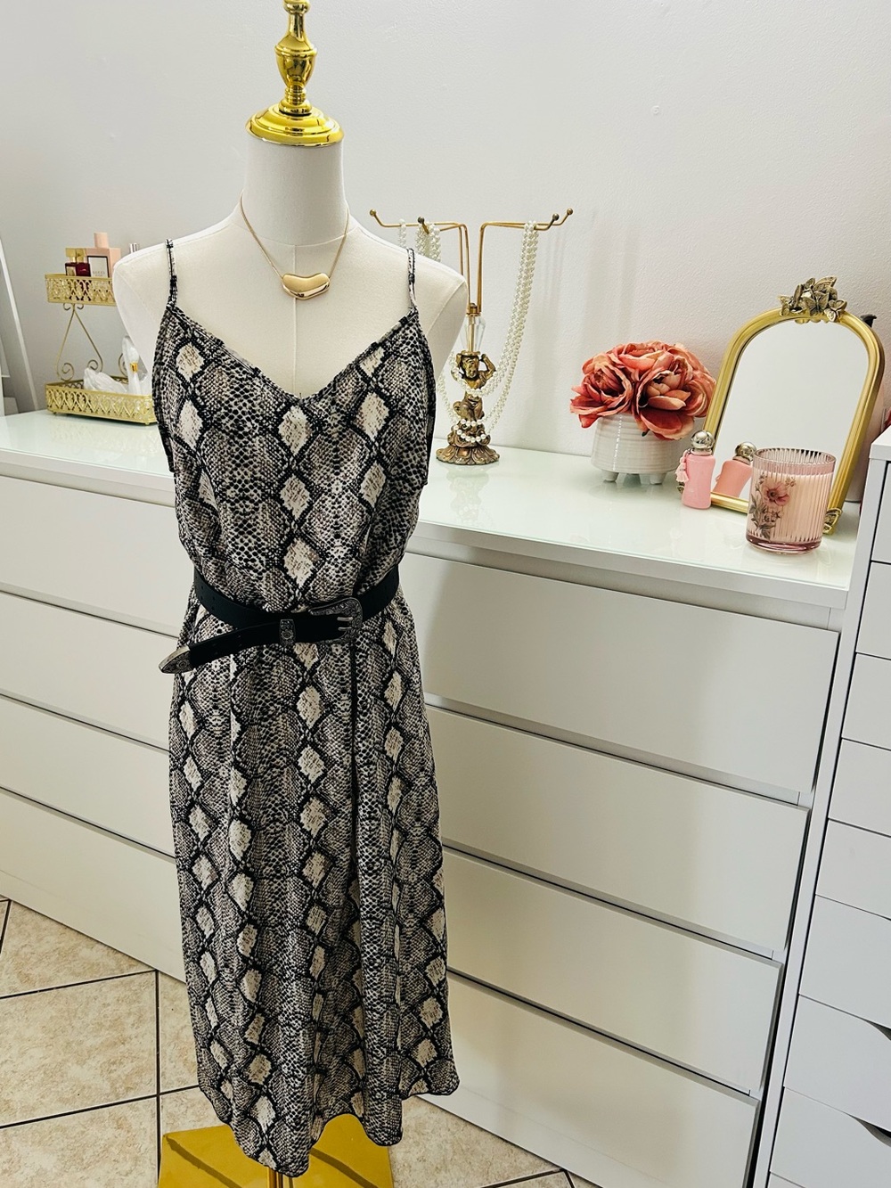 Black & White Snake Print Midi Dress